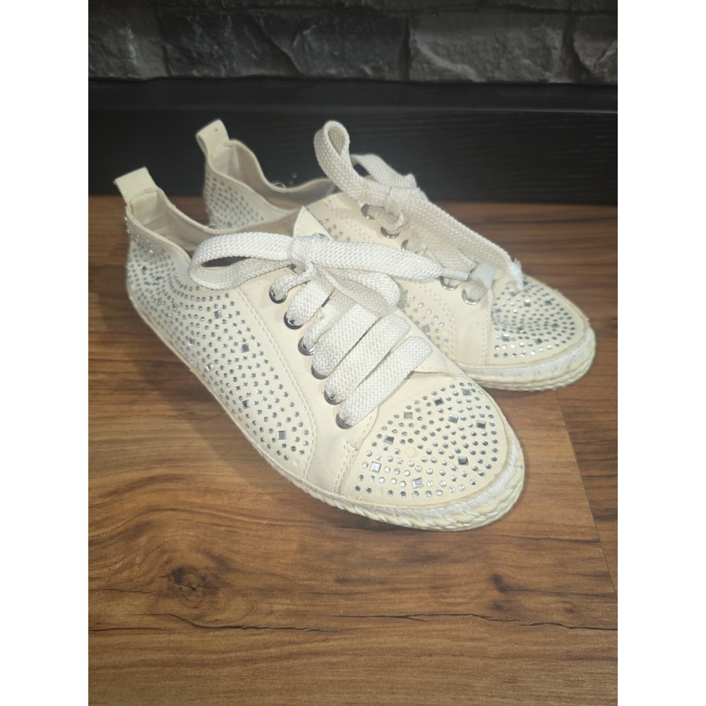 Italina Shoes Womens Bejeweled Lace Up Sneakers White Rhinestone Size 7